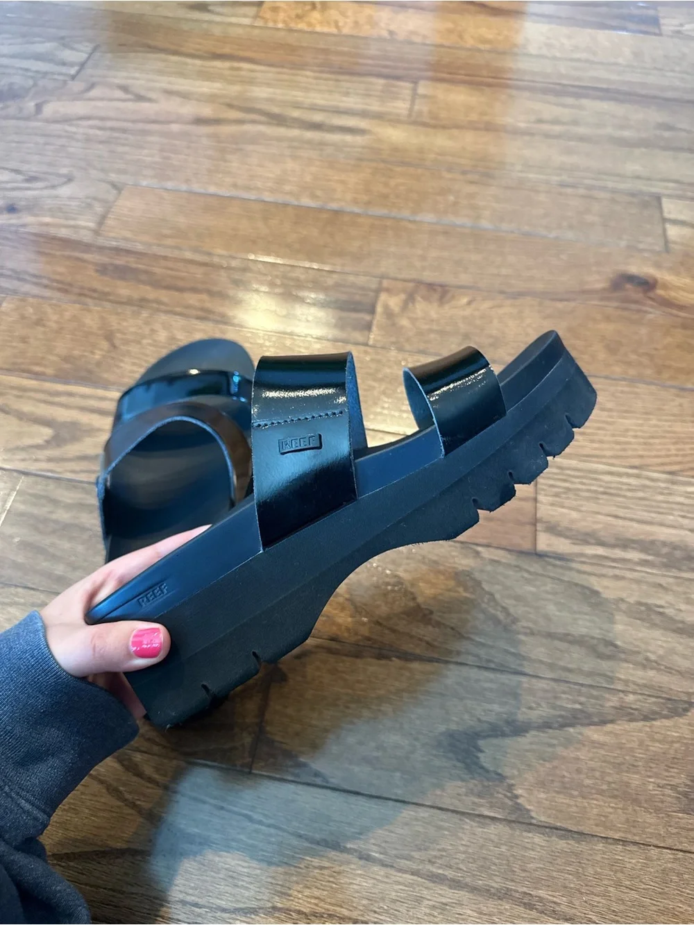 Reef Black Patent Platform Slide Sandals